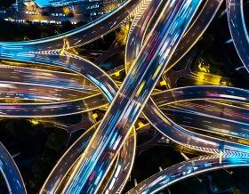 Shanghai highway junction aerial view at night time